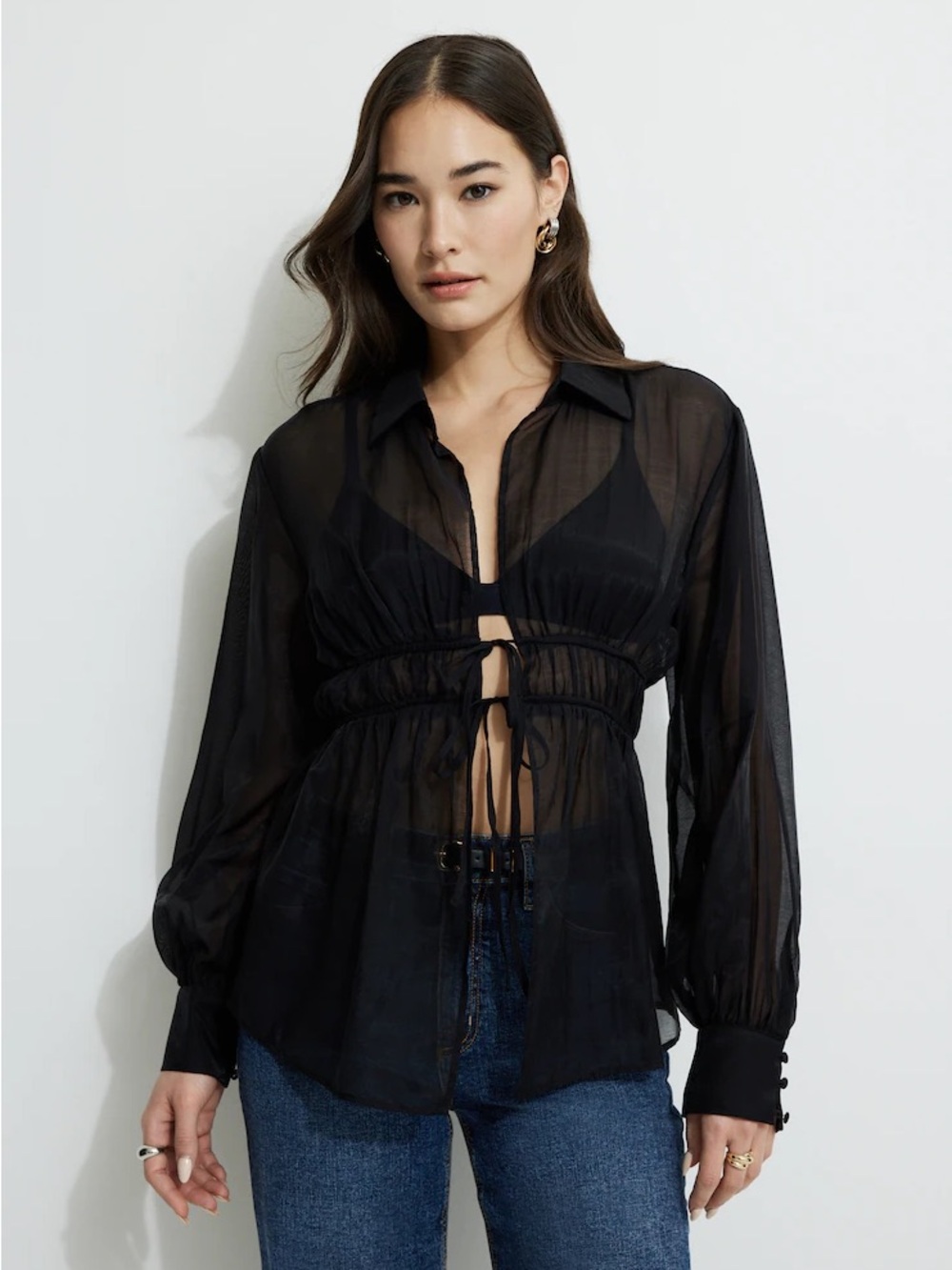Dynamite Sheer Black Tie-Front Blouse